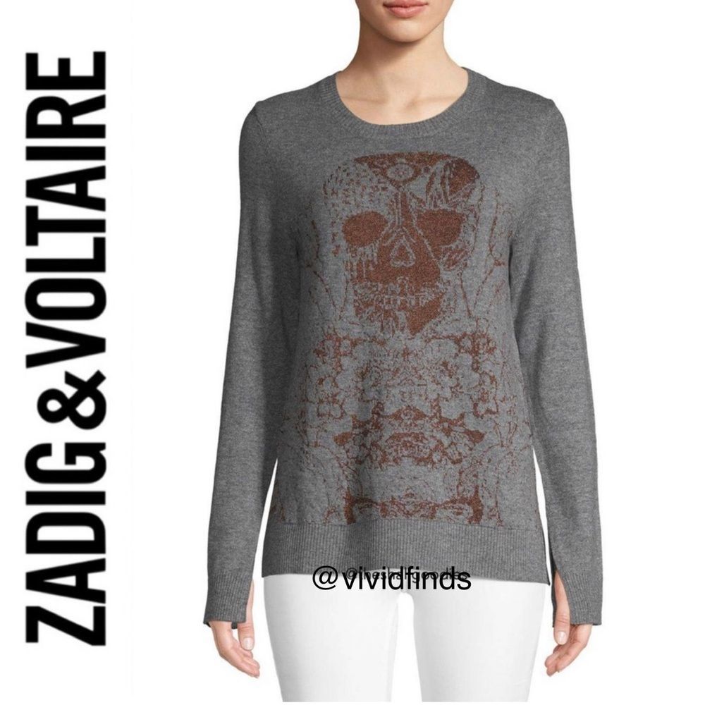 Zadig & Voltaire Wool Cashmere Blend Skull Sweater Grey & Bronze Crew Neck XS